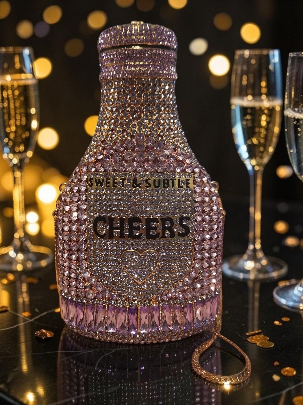 Cheers Crystal Embellished Bottle Evening Clutch- Pink. NWOT